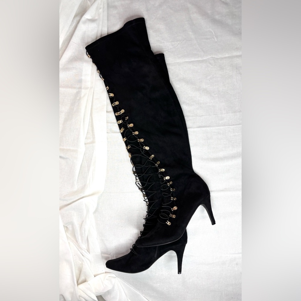 Beautiful 10 TALL Over the Knee Chic Black Lace-Up Heeled Boots